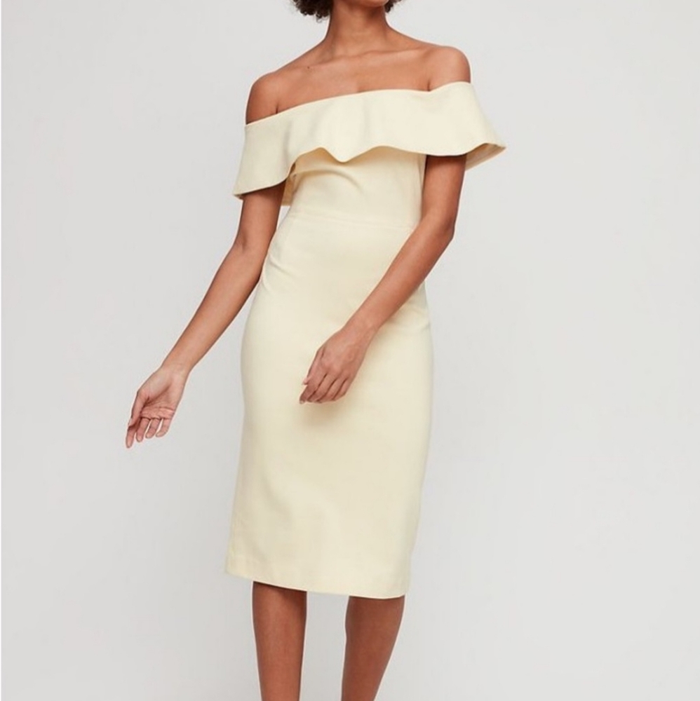 Aritzia Off-Shoulder Ruffle Midi Dress in Pale Yellow